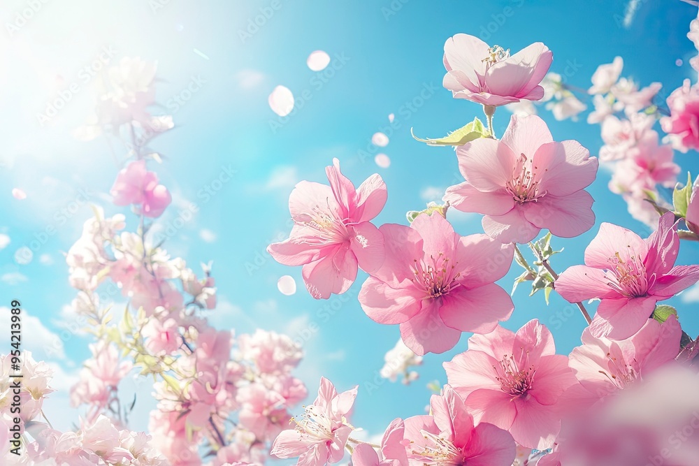 Spring flowers fly on a blue sky background. Beautiful pastel pink flower arrangement. Summer wallpaper , ai Spring flowers fly on a blue sky background. Beautiful pastel pink flower arrangement. Summer wallpaper , ai
