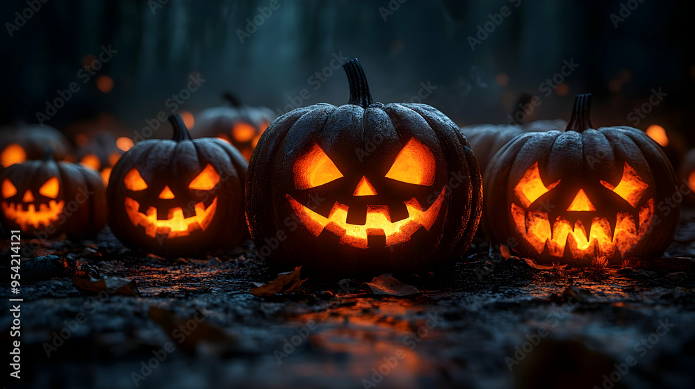 Glowing Jack-o'-lanterns in a spooky forest setting. Glowing Jack-o'-lanterns in a spooky forest setting.
