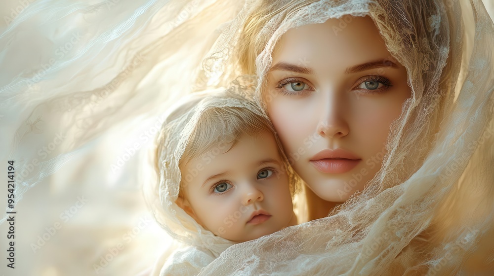 serene portrait of mary cradling baby jesus ethereal white background soft glowing halo delicate brush strokes timeless and reverent atmosphere serene portrait of mary cradling baby jesus ethereal white background soft glowing halo delicate brush strokes timeless and reverent atmosphere