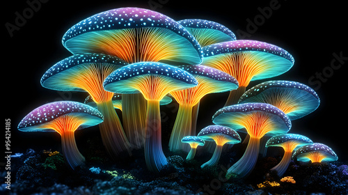 Glowing neon mushrooms with blue, purple, orange and yellow colors, shining in the dark.