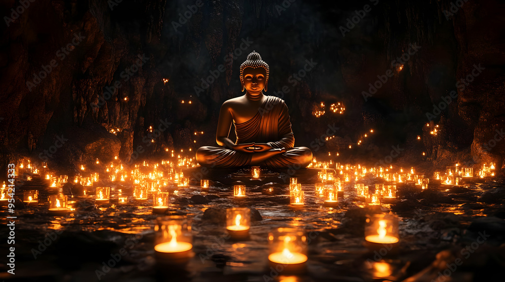 Golden Buddha statue meditating in a cave surrounded by candles. Golden Buddha statue meditating in a cave surrounded by candles.