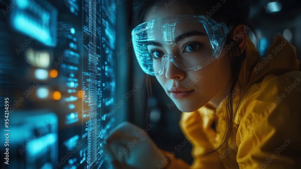 skilled technician in futuristic protective gear repairing advanced cooling system holographic diagnostics float nearby industrial setting with sleek hightech machinery skilled technician in futuristic protective gear repairing advanced cooling system holographic diagnostics float nearby industrial setting with sleek hightech machinery
