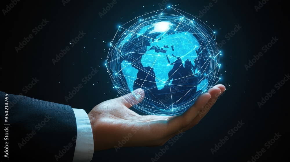 A hand holding a globe with a blue background A hand holding a globe with a blue background