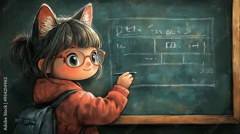 Cute girl with cat ears writing on chalkboard. Cute girl with cat ears writing on chalkboard.