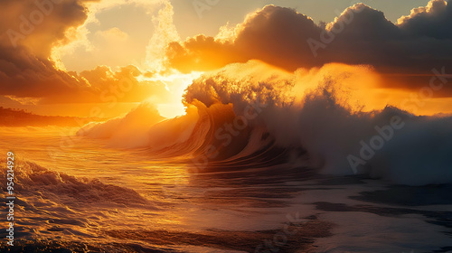 Golden sunset over crashing...