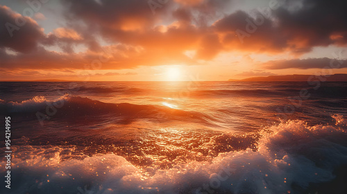 Golden sunset over ocean wa...