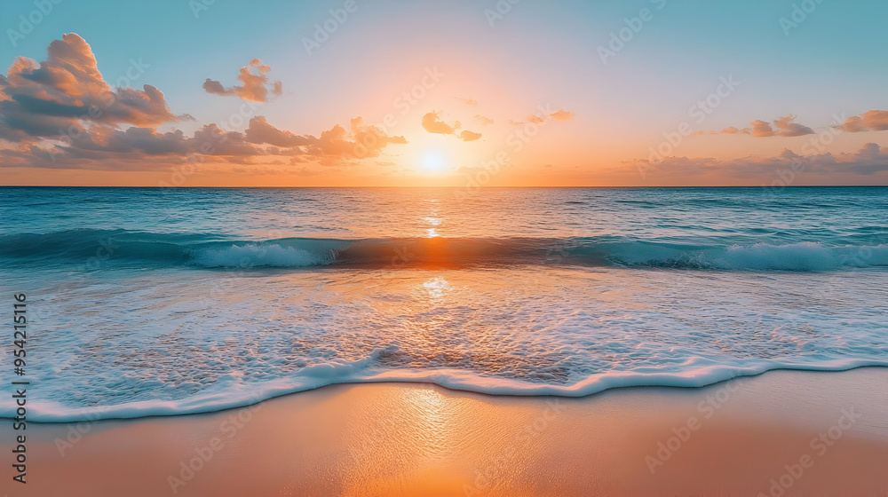Golden sunset over the ocean with soft waves lapping on the sandy shore. Golden sunset over the ocean with soft waves lapping on the sandy shore.