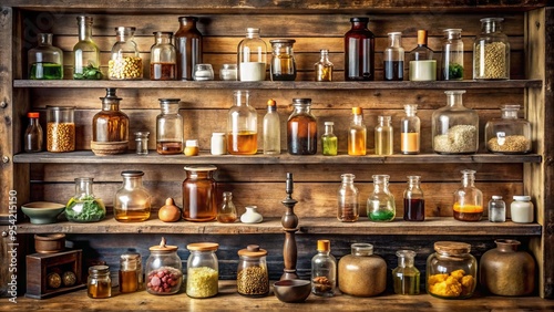 Rustic wooden shelf filled with various apothecary jars, old-fashioned medical equipment, and distressed labels,