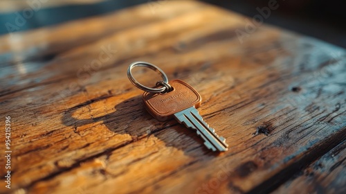 still life apartment keys on wooden table soft natural light minimalist composition shallow depth of field symbolizes new beginnings property ownership muted warm color palette