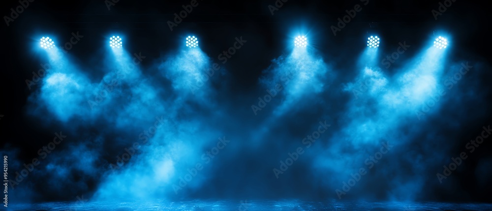 Fototapeta premium Blue stage lights illuminate smoke, creating a dramatic atmosphere for events or performances.