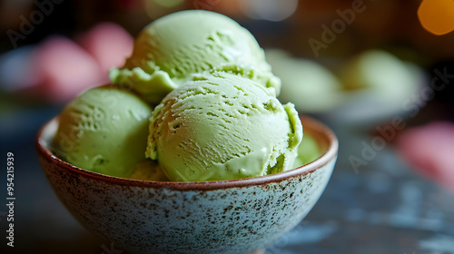 Green ice cream scoops in a...