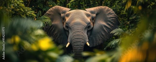 Elephant s gentle gaze peering through dense jungle foliage, a feeling of deep connection with nature photo