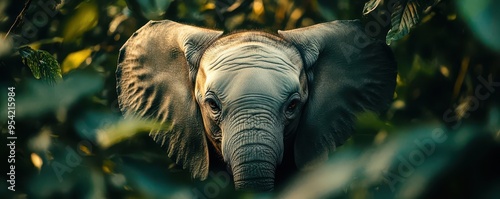 Elephant s gentle gaze peering through dense jungle foliage, a feeling of deep connection with nature photo