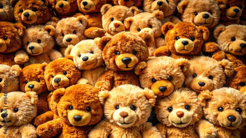 Full frame of many teddy bears squeezing each other and squinting. Full frame of many teddy bears squeezing each other and squinting.