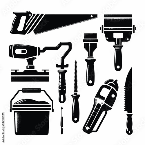 silhouette set featuring tools used for plastering and drywall work, including a drywall saw, plaster hawk, and a taping knife.