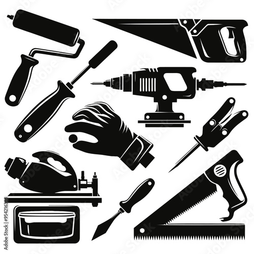 silhouette set featuring tools used for plastering and drywall work, including a drywall saw, plaster hawk, and a taping knife.