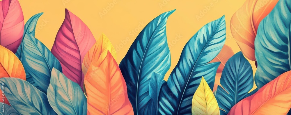 Jungle leaves with vibrant depth, flat design, front view, exotic flora theme, water color, Complementary Color Scheme Jungle leaves with vibrant depth, flat design, front view, exotic flora theme, water color, Complementary Color Scheme