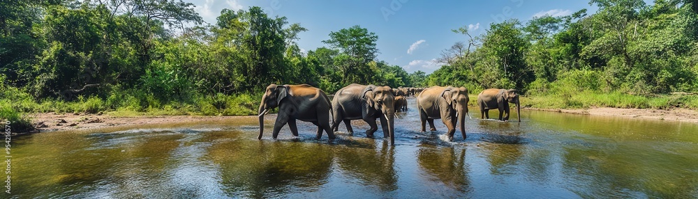 Fototapeta premium A herd of elephants crossing a shallow jungle stream, the peaceful water reflecting their gentle presence