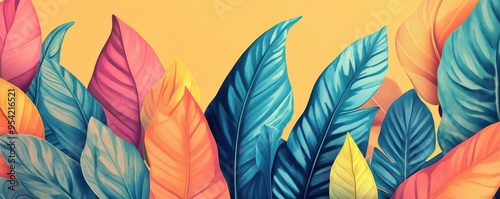 Jungle leaves with vibrant depth, flat design, front view, exotic flora theme, water color, Complementary Color Scheme