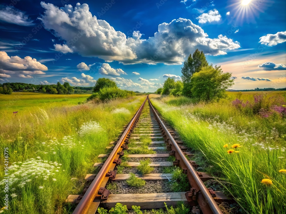 Rusty railroad tracks slicing through a lush green meadow, surrounded by tall grasses and wildflowers, under a bright Rusty railroad tracks slicing through a lush green meadow, surrounded by tall grasses and wildflowers, under a bright