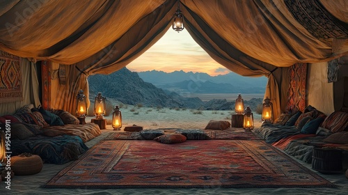 traditional bedouin tent interior rich tapestries and intricate rugs warm glow of lanterns contrasting with stark desert landscape visible through open flap photo