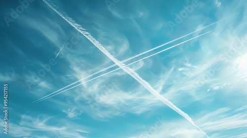 A blue sky with white contrails from airplanes crossing paths.