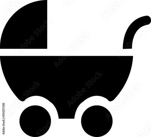 Baby carriage icon. Child buggy vector symbol. kid trolley sign. mother stroller illustration. Newborn baby pushchair symbol in black fill style for app and website isolated on transparent background.