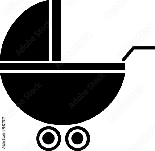 Baby carriage icon. Child buggy vector symbol. kid trolley sign. mother stroller illustration. Newborn baby pushchair symbol in black fill style for app and website isolated on transparent background.