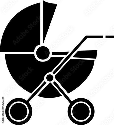 Baby carriage icon. Child buggy vector symbol. kid trolley sign. mother stroller illustration. Newborn baby pushchair symbol in black fill style for app and website isolated on transparent background.
