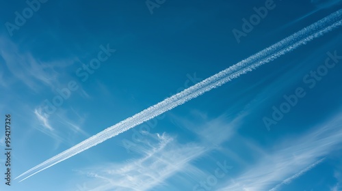 A blue sky with white clouds and a long airplane contrail. photo