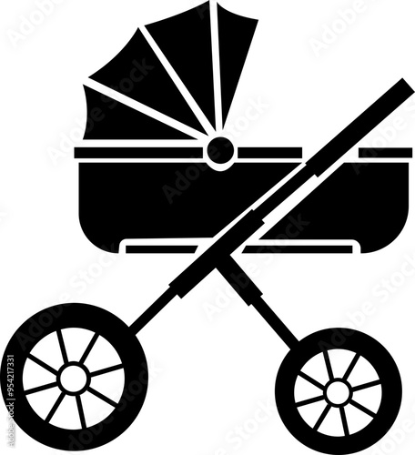 Baby carriage icon. Child buggy vector symbol. kid trolley sign. mother stroller illustration. Newborn baby pushchair symbol in black fill style for app and website isolated on transparent background.