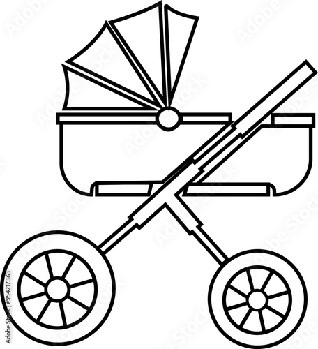Baby carriage icon. Child buggy vector symbol. kid trolley sign. mother stroller illustration. Newborn baby pushchair symbol in black Line style for app and website isolated on transparent background.