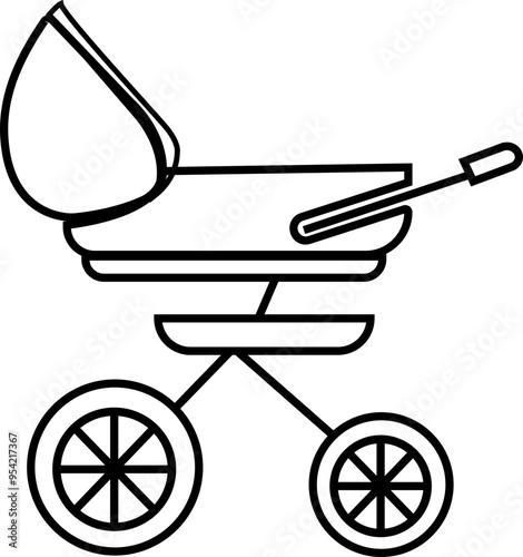 Baby carriage icon. Child buggy vector symbol. kid trolley sign. mother stroller illustration. Newborn baby pushchair symbol in black Line style for app and website isolated on transparent background.