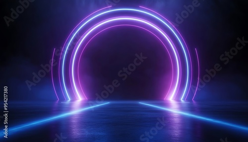 Futuristic neon arch with vibrant purple and blue lights illuminating a dark environment, creating a mesmerizing visual effect. photo