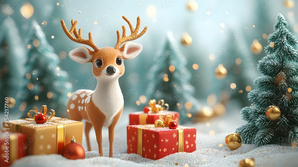 A colorful Christmas scene with large and small deer, beautifully wrapped gift boxes, snowy trees, and shimmering gold confetti in a festive winter composition, in Cartoon 3D animation, Vector style.