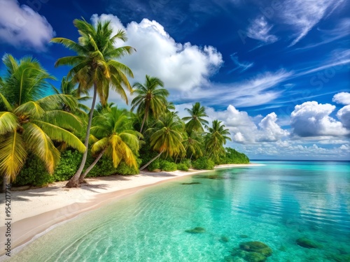 Sandy white beach shores and swaying palm trees surround a tranquil turquoise lagoon on a secluded tropical island, photo