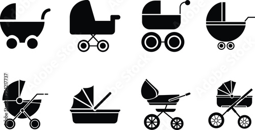 Baby carriage icons Set. Child buggy symbols. kid trolley signs. mother stroller illustration. Newborn baby pushchair symbol in black fill style for app and website isolated on transparent background.