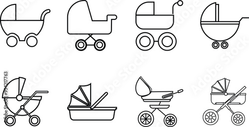 Baby carriage icons Set. Child buggy symbols. kid trolley signs. mother stroller illustration. Newborn baby pushchair symbol in black Line style for app and website isolated on transparent background.
