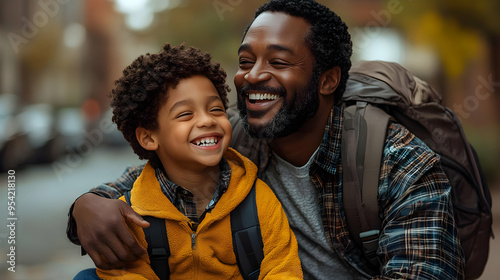 Happy father and son laughing together outdoors.