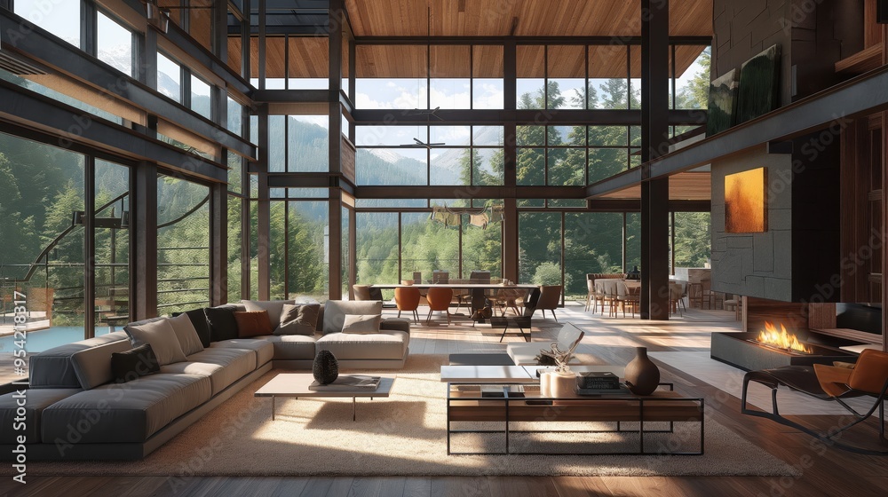 Modern Luxury Living Room with Panoramic Forest Views and Contemporary Furniture in a Spacious Open-Plan Design Modern Luxury Living Room with Panoramic Forest Views and Contemporary Furniture in a Spacious Open-Plan Design