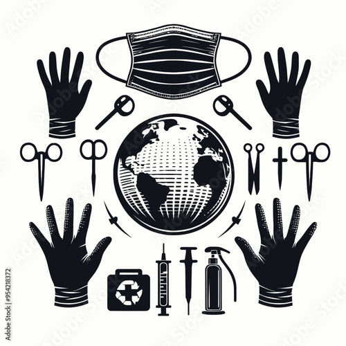 silhouette set of a surgical mask and gloves, emphasizing the protective shapes