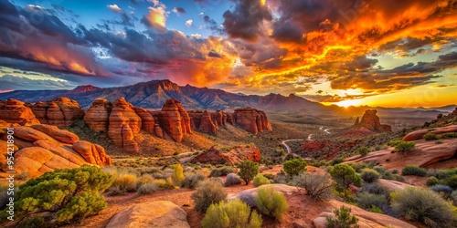 Scenic vista of rugged red rock formations and desert landscape at sunset in Dixie Rock, St. George, Utah,