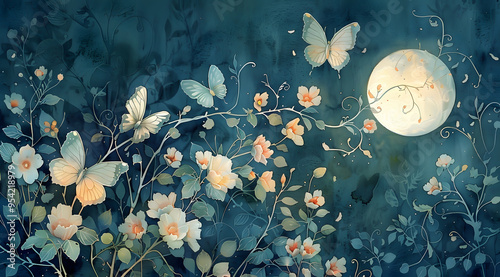 Moonlit Reverie: An Art Nouveau Garden at Nightfall photo