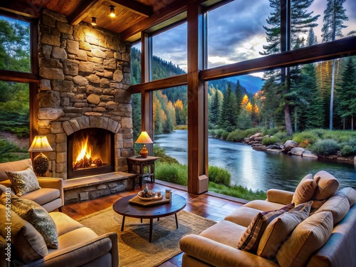 Secluded riverside retreat featuring a cozy rock-faced fireplace surrounded by plush furnishings and large windows photo