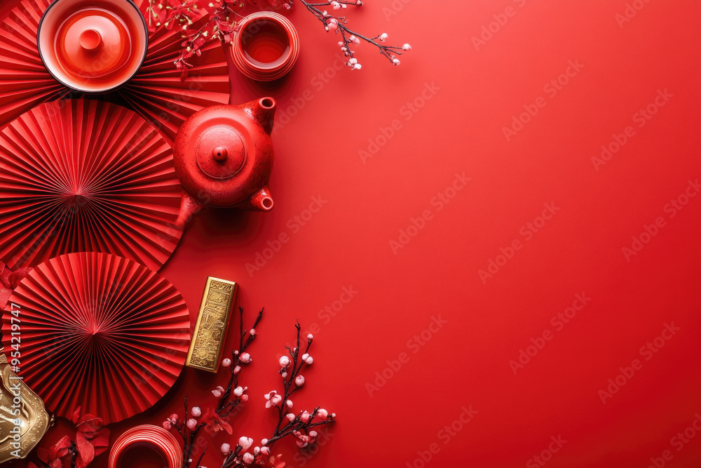 Fototapeta premium Looking down at the red teacups and gifts