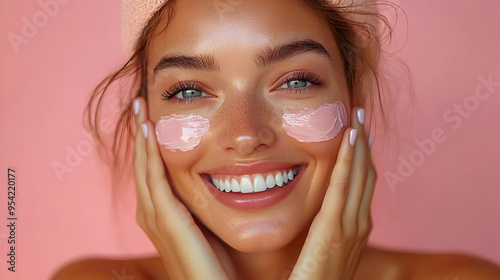 Happy woman with pink face ...