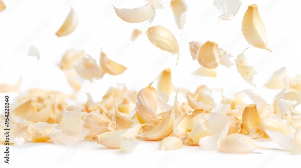 Falling garlic, isolated on white background Falling garlic, isolated on white background