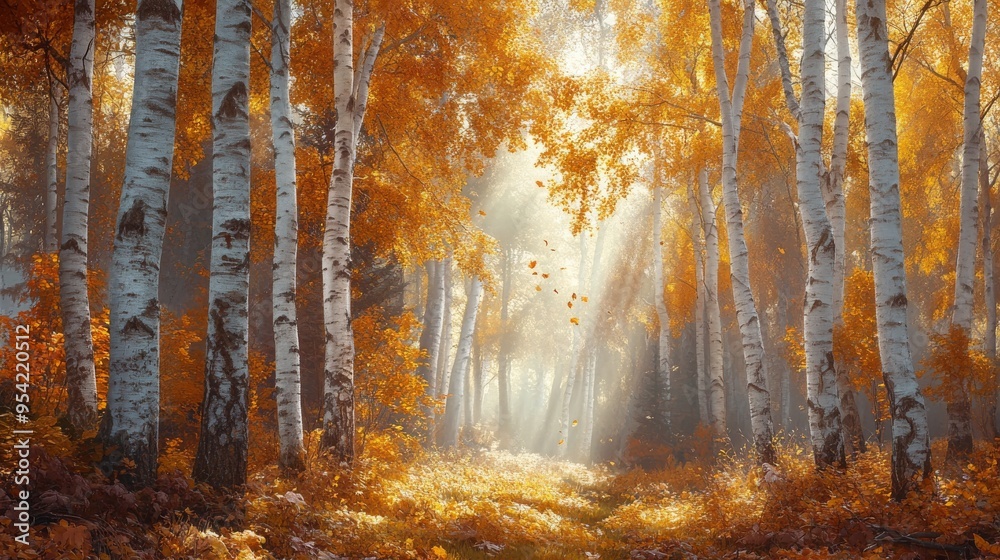 Sunbeams Through Golden Leaves in a Birch Tree Forest Sunbeams Through Golden Leaves in a Birch Tree Forest