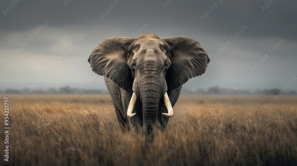 Fototapeta premium A lone elephant standing in the wilderness, showing majesty and strength.