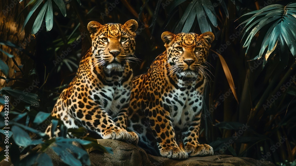 Naklejka premium A mother leopard and cub sitting in the wild, surrounded by tropical vegetation.